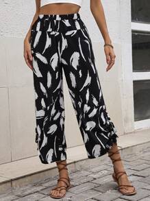 SHEIN LUNE Allover Print Knot Hem Wide Leg Trousers - Black and White - View 5