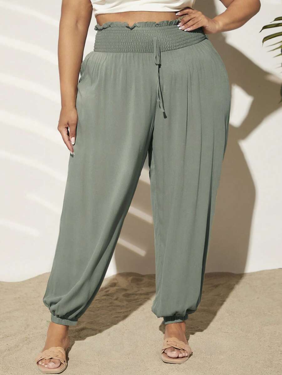 SHEIN CURVE+ Quần Plus Size Thắt nút Dải chun Quần paper-bag màu trơn Giải trí - Màu xanh Bạc hà - Xem 1
