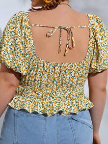 Dreamara Plus Ditsy Floral Print Knot Front Peplum Blouse - Multicolor - View 4