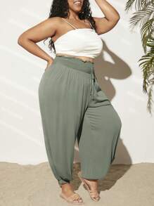 SHEIN CURVE+ Quần Plus Size Thắt nút Dải chun Quần paper-bag màu trơn Giải trí - Màu xanh Bạc hà - Xem 3