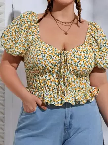 Dreamara Plus Ditsy Floral Print Knot Front Peplum Blouse - Multicolor - View 1