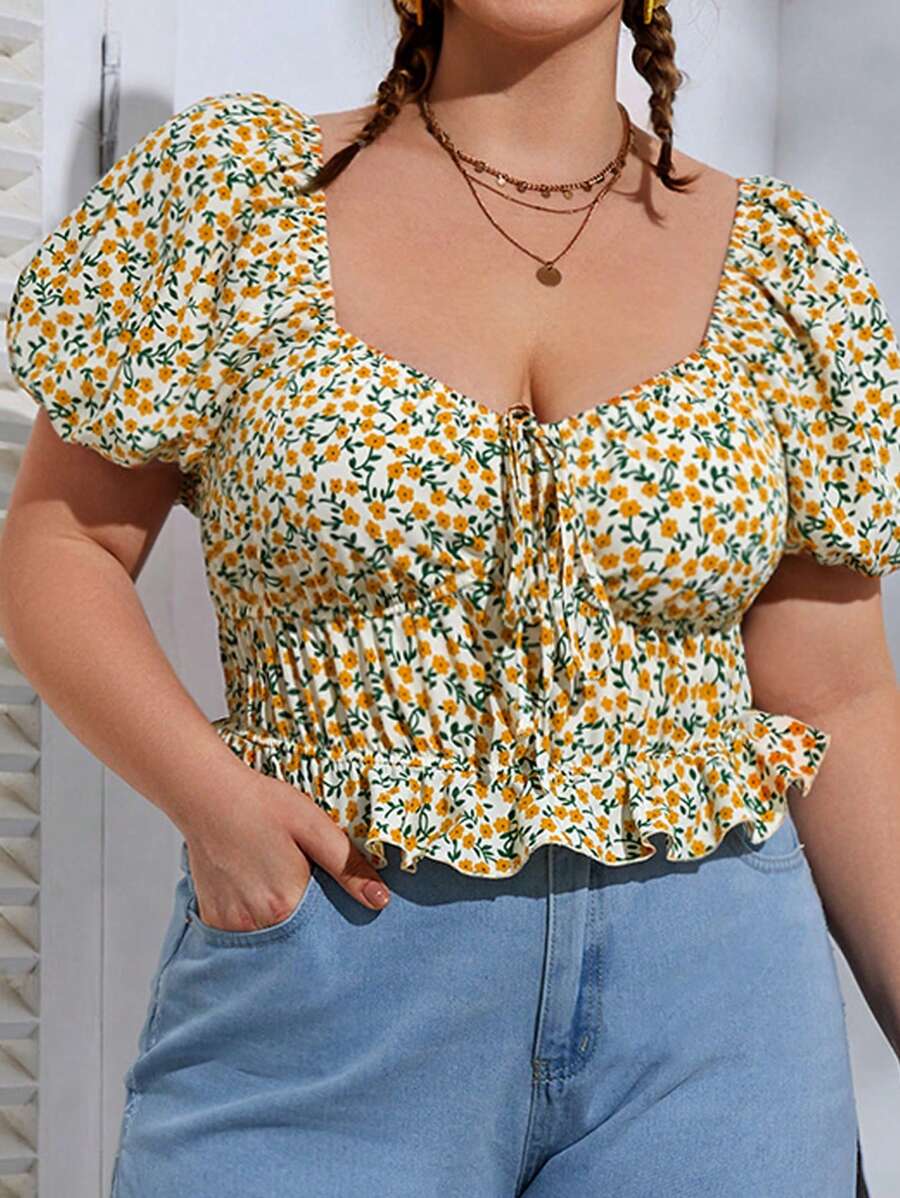 Dreamara Plus Ditsy Floral Print Knot Front Peplum Blouse - Multicolor - View 1