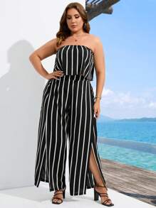 SHEIN Holidaya Plus Striped Print Tube Top & Split Thigh Wide Leg Pants - Black and White - View 3