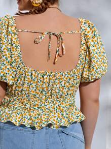 Dreamara Plus Ditsy Floral Print Knot Front Peplum Blouse - Multicolor - View 5