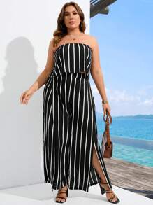 SHEIN Holidaya Plus Striped Print Tube Top & Split Thigh Wide Leg Pants - Black and White - View 5