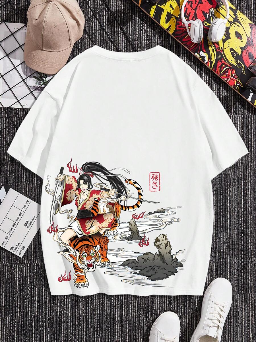 Manfinity RebelGame Men Cotton Japanese Letter & Figure Graphic Drop Shoulder Tee - White - View 1