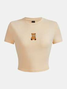 SHEIN Qutie Camiseta crop con estampado de oso - Beis - Ver 1