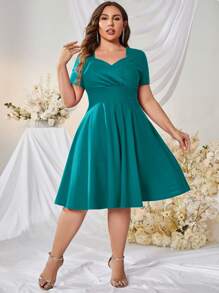MUXXN Plus Sweetheart Neck Flare Hem Dress - Teal Blue - View 1