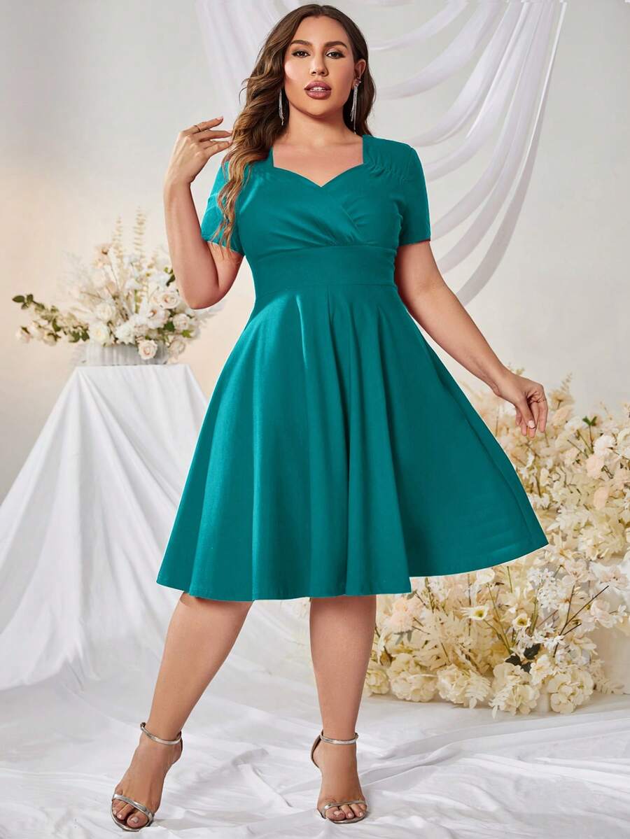 MUXXN Plus Sweetheart Neck Flare Hem Dress - Teal Blue - View 1