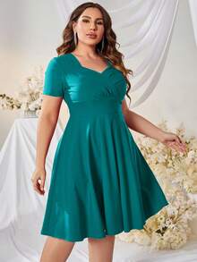 MUXXN Plus Sweetheart Neck Flare Hem Dress - Teal Blue - View 3