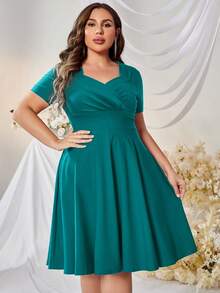 MUXXN Plus Sweetheart Neck Flare Hem Dress - Teal Blue - View 4