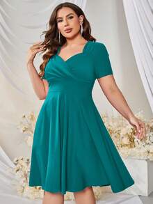 MUXXN Plus Sweetheart Neck Flare Hem Dress - Teal Blue - View 5