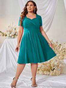 MUXXN Plus Sweetheart Neck Flare Hem Dress - Teal Blue - View 6