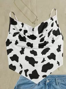 SHEIN EZwear Plus Cow Print Draped Collar Hanky Hem Cami Top - Black and White - View 1