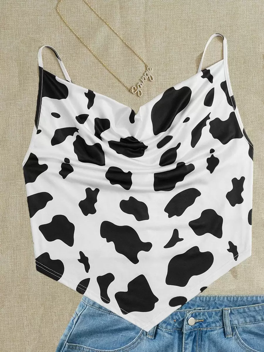 SHEIN EZwear Plus Cow Print Draped Collar Hanky Hem Cami Top - Black and White - View 1