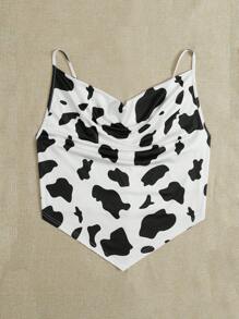 SHEIN EZwear Plus Cow Print Draped Collar Hanky Hem Cami Top - Black and White - View 3