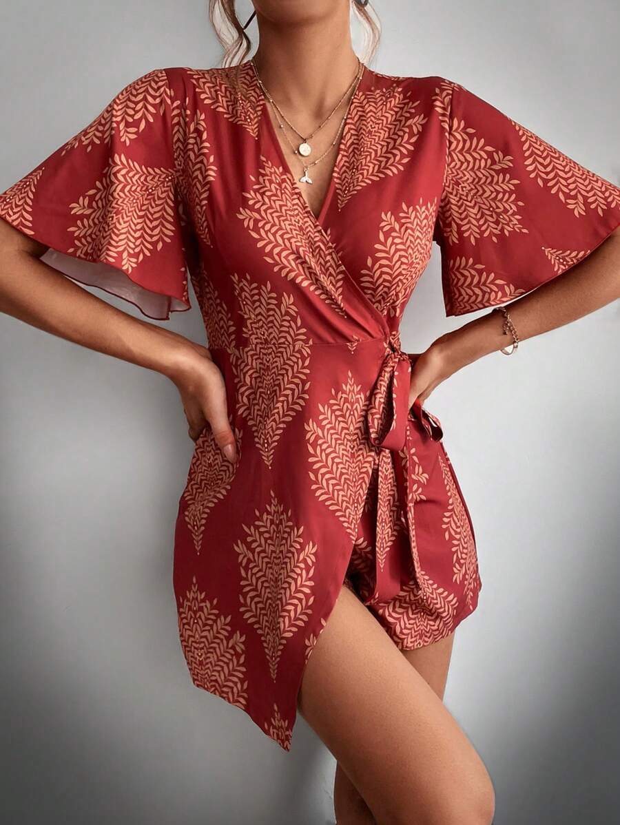 SHEIN LUNE Áo liền quần nữ Nút Thắt nút Trọn gói Dây kéo Thực vật Giải trí - Nhiều màu - Xem 1