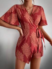 SHEIN LUNE Áo liền quần nữ Nút Thắt nút Trọn gói Dây kéo Thực vật Giải trí - Nhiều màu - Xem 3