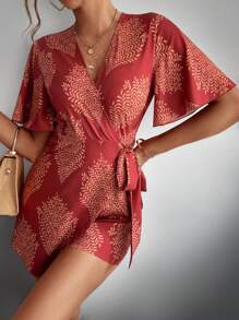 SHEIN LUNE Áo liền quần nữ Nút Thắt nút Trọn gói Dây kéo Thực vật Giải trí - Nhiều màu - Xem 5