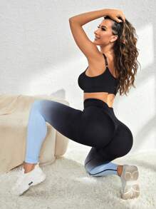 Yoga Trendy 漸變圖案寬腰帶運動打底褲 - 黑色 - 查看 1