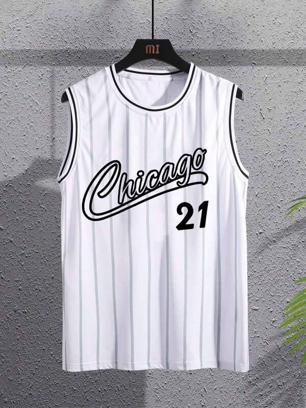 Manfinity Sporsity Men Letter Graphic Striped Trim Tank Top, Sleeveless Basketball Jersey, Boyfriend Gift