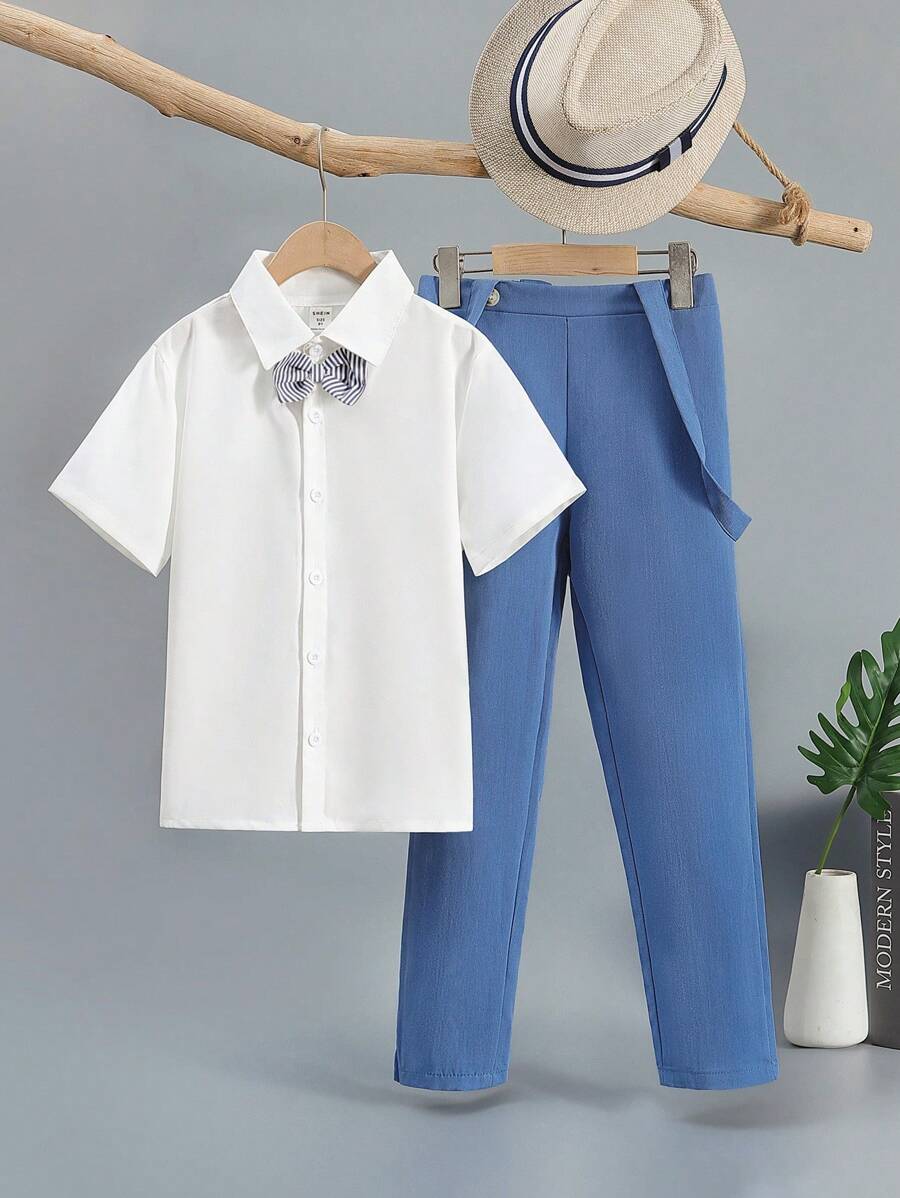 SHEIN 男孩前蝴蝶結襯衫和背帶褲