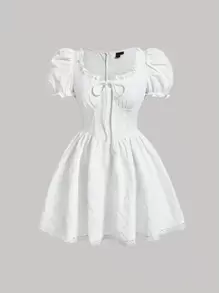 SHEIN MOD 泡泡袖前打結蕾絲邊連衣裙 - 白色 - 查看 1