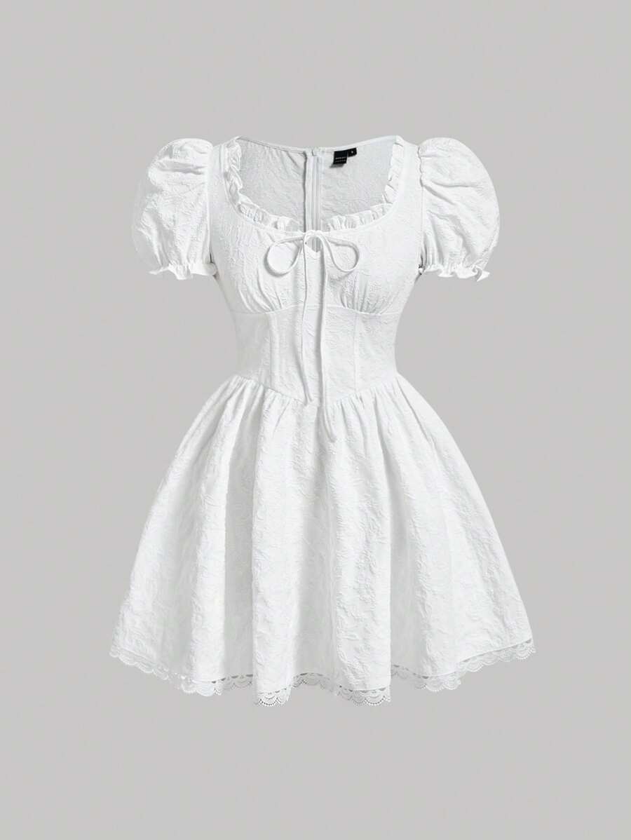 SHEIN MOD 泡泡袖前打結蕾絲邊連衣裙 - 白色 - 查看 1