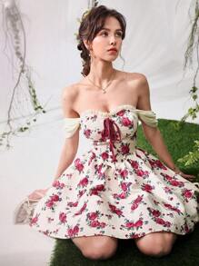 SHEIN MOD Floral Print Off Shoulder Lace Up Front Dress - Multicolor - View 3