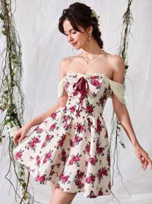 SHEIN MOD Floral Print Off Shoulder Lace Up Front Dress - Multicolor - View 5