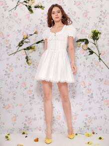 SHEIN MOD 泡泡袖前打結蕾絲邊連衣裙 - 白色 - 查看 6