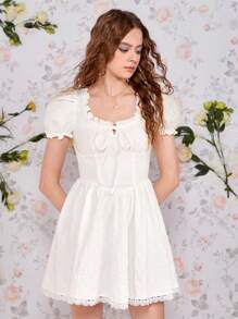 SHEIN MOD 泡泡袖前打結蕾絲邊連衣裙 - 白色 - 查看 2