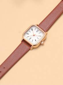 1入組棕色PU聚氨酯帶復古方形錶盤石英表,適用於日常生活 - 棕色 - 查看 3