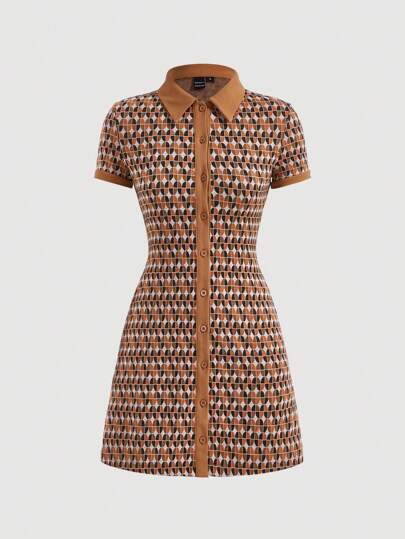 SHEIN MOD Allover Print Center Front Button Up Placket Lapel Dress