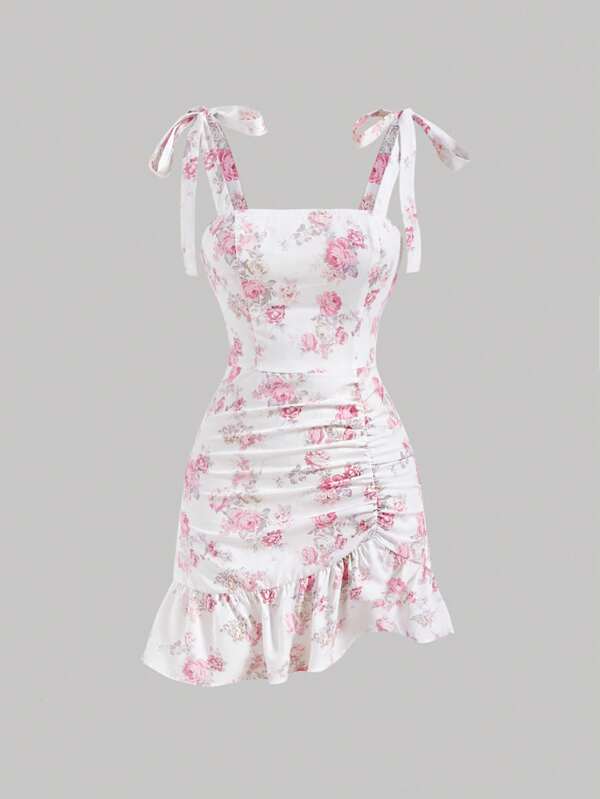 SHEIN MOD Floral Print Tie Shoulder Ruched Ruffle Hem Cami Dress With White Background And Pink Flowers That Covers The Hips And Asymmetrical Hem
