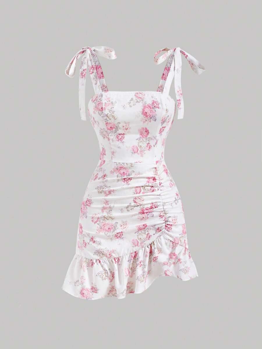 SHEIN MOD Vestido camisero con estampado floral, volantes en el bajo asimétrico, pliegues en los hombros y vuelo en el bajo, fondo blanco con flores rosas que cubre las caderas - Blanco - Ver 1