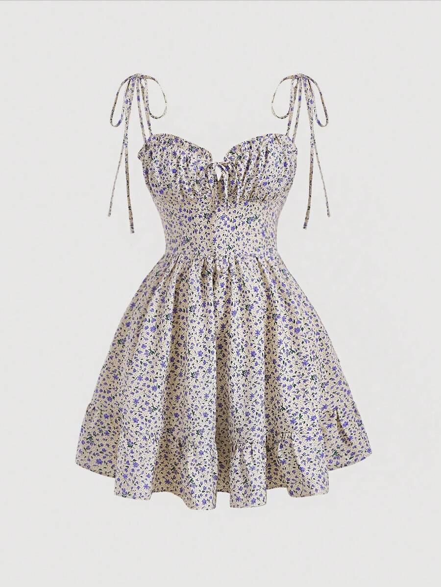 SHEIN MOD 小碎花肩上打結吊帶連衣裙