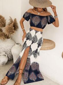 SHEIN VCAY 圖案印花一字肩短款上衣和高衩半身裙 - 彩色 - 查看 4