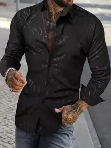 Manfinity LEGND Men Jacquard Button Front Long Sleeve Black Casual Shirt, Boyfriend Gift - Black - View 1