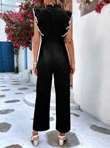 SHEIN VCAY Mono de pierna ancha unido en contraste ribete con fruncido de cuello alto - Negro - Ver 2