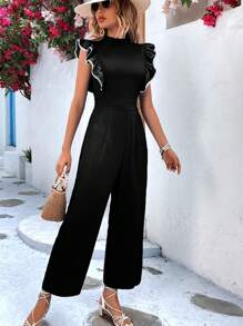 SHEIN VCAY Mono de pierna ancha unido en contraste ribete con fruncido de cuello alto - Negro - Ver 5