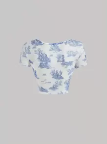 SHEIN MOD Landscape Print Square Neck Lettuce Trim Curved Hem Corset Structure Tee - Blue and White - View 2