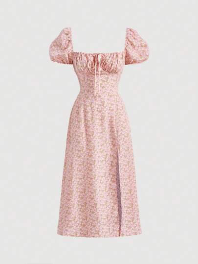 SHEIN MOD Vestido con estampado floral pecho con fruncido de muslo con abertura