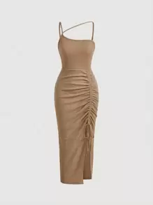 SHEIN MOD 不對稱領抽繩高衩連衣裙