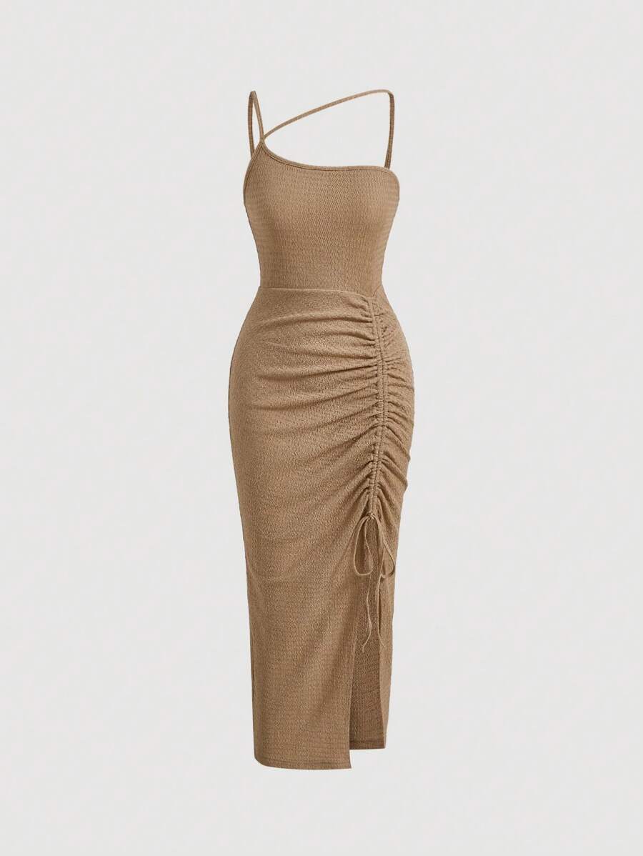 SHEIN MOD 不對稱領抽繩高衩連衣裙