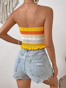 SHEIN VCAY Colorblock Frill Trim Tube Knit Top - Yellow - View 2