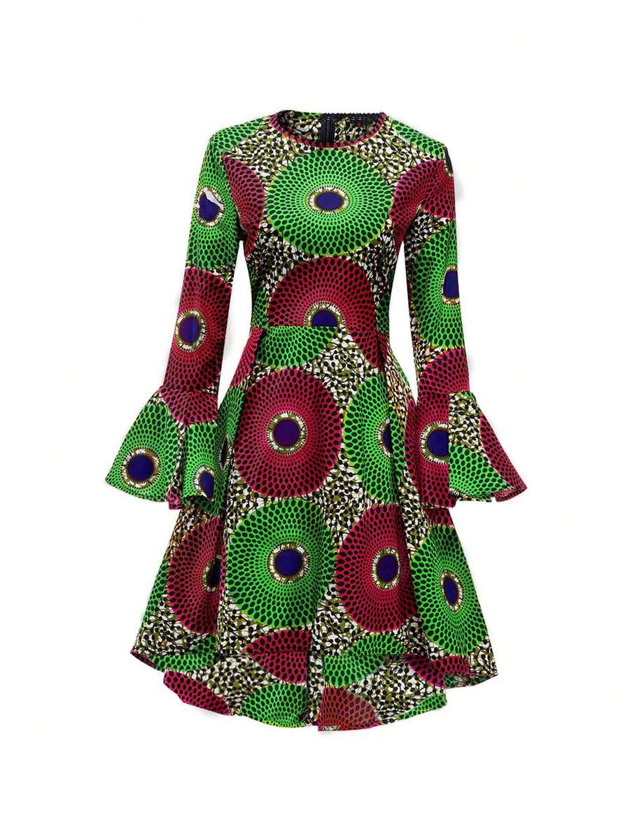 滿版印花荷葉袖高低下擺連衣裙 - 彩色 - 查看 1