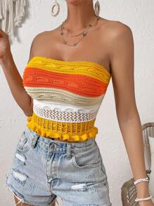 SHEIN VCAY Colorblock Frill Trim Tube Knit Top - Yellow - View 3