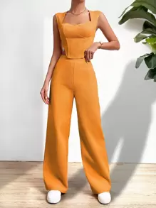 SHEIN Essnce Solid Asymmetrical Hem Tank Top & Wide Leg Trousers - Orange - View 1