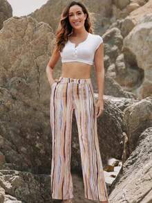 條紋印花喇叭褲 - 彩色 - 查看 3